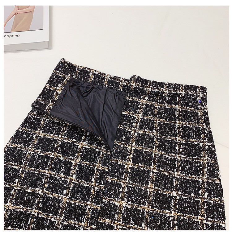 Női kockás tweed szoknya, A-vonalú, magas derékkal, fekete és bézs színben