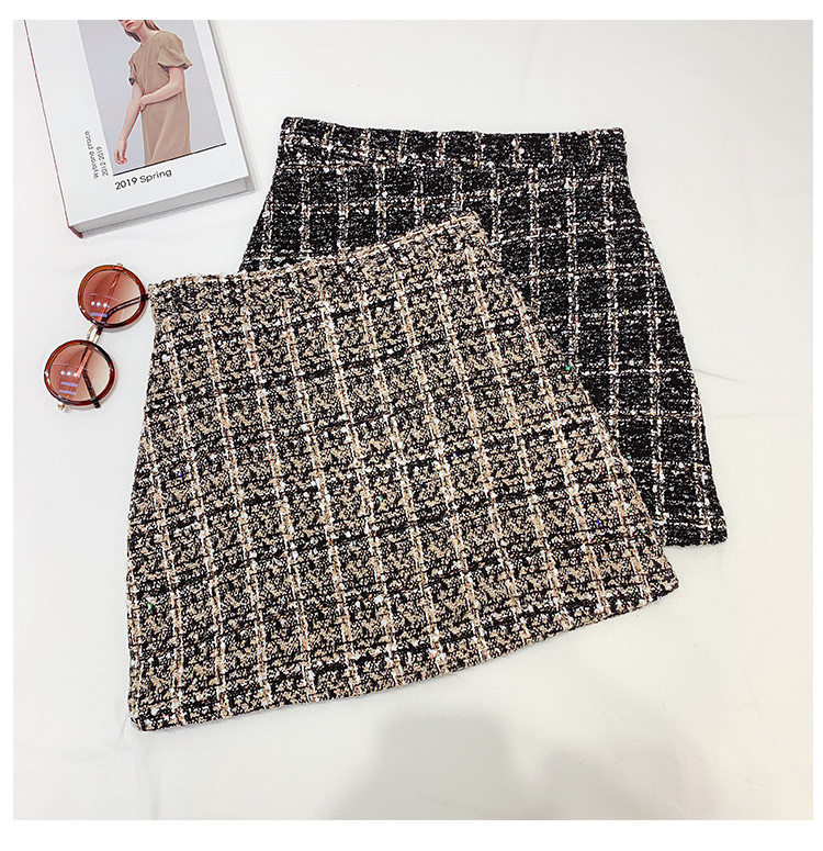 Női kockás tweed szoknya, A-vonalú, magas derékkal, fekete és bézs színben