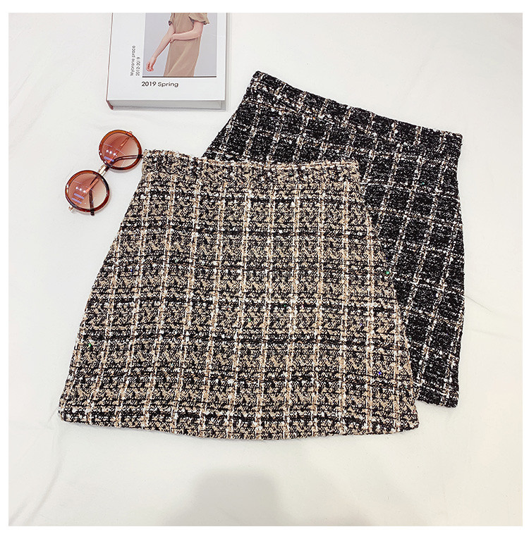 Női kockás tweed szoknya, A-vonalú, magas derékkal, fekete és bézs színben