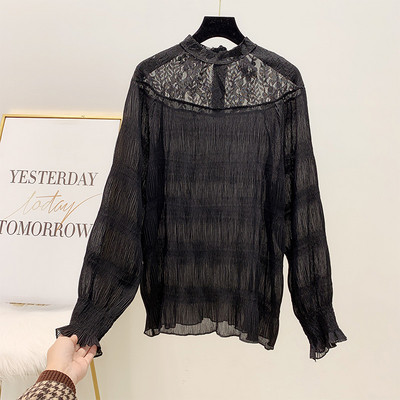 Női rakott ing csipkével és pólógallérral, fehér, bézs és fekete színben