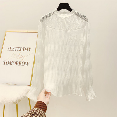 Női rakott ing csipkével és pólógallérral, fehér, bézs és fekete színben