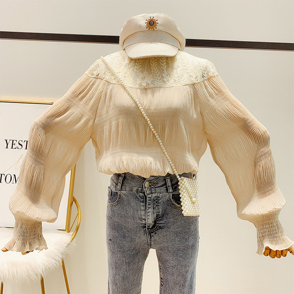 Női rakott ing csipkével és pólógallérral, fehér, bézs és fekete színben