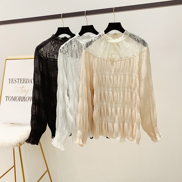 Női rakott ing csipkével és pólógallérral, fehér, bézs és fekete színben