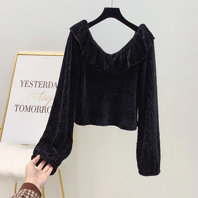 Γυναικείο πλισέ βελούδινο πουκάμισο με λαιμόκοψη σε κόκκινο, μαύρο, πράσινο και μπεζ χρώμα