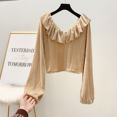 Γυναικείο πλισέ βελούδινο πουκάμισο με λαιμόκοψη σε κόκκινο, μαύρο, πράσινο και μπεζ χρώμα