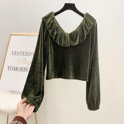 Γυναικείο πλισέ βελούδινο πουκάμισο με λαιμόκοψη σε κόκκινο, μαύρο, πράσινο και μπεζ χρώμα