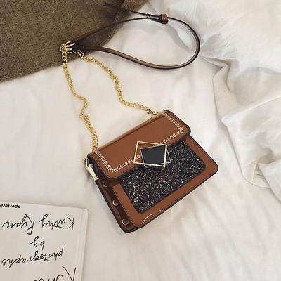 Geantă modernă mică din piele artificială cu curea de umăr cu cataramă metalică în culorile maro, verde, visiniu și negru