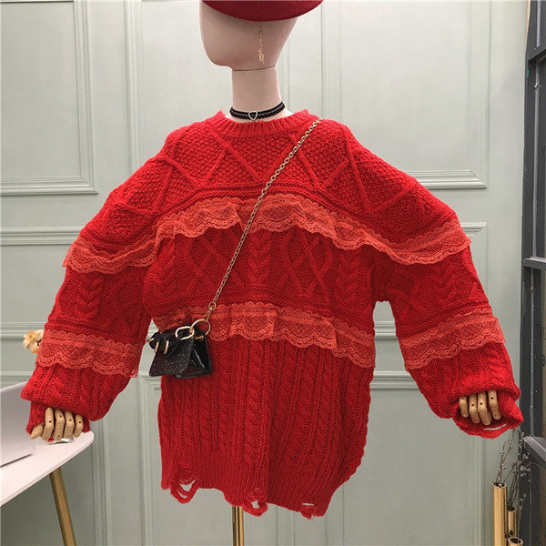 Γυναικείο πλεκτό πουλόβερ με στρογγυλη λαιμόκοψη σε κόκκινο, πορτοκαλί, ροζ και λευκό χρώμα