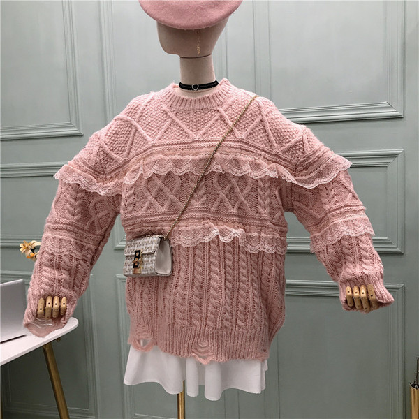 Γυναικείο πλεκτό πουλόβερ με στρογγυλη λαιμόκοψη σε κόκκινο, πορτοκαλί, ροζ και λευκό χρώμα