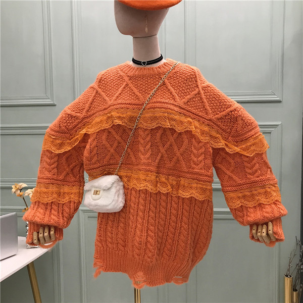 Γυναικείο πλεκτό πουλόβερ με στρογγυλη λαιμόκοψη σε κόκκινο, πορτοκαλί, ροζ και λευκό χρώμα