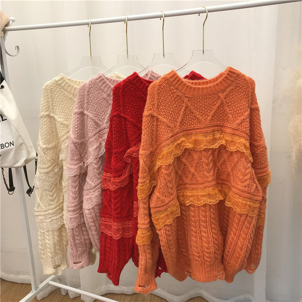 Γυναικείο πλεκτό πουλόβερ με στρογγυλη λαιμόκοψη σε κόκκινο, πορτοκαλί, ροζ και λευκό χρώμα