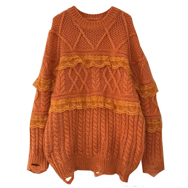 Γυναικείο πλεκτό πουλόβερ με στρογγυλη λαιμόκοψη σε κόκκινο, πορτοκαλί, ροζ και λευκό χρώμα