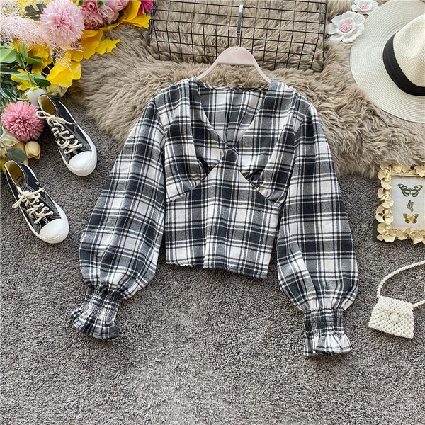 Casual καρό πουκάμισο  με λαιμόκοψη και μακρύ μανίκι ροζ, πράσινο, μπλε και άσπρο χρώμα