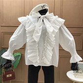 Μοντέρνο γυναικείο πουκάμισο με κορδέλα σε λευκό, μαύρο και μπεζ χρώμα