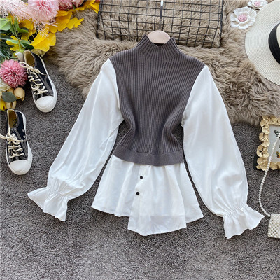 Μοντέρνο γυναικείο πουλόβερ με υψηλό γιακά και μακρύ μανίκι - ασύμμετρο μοτίβο σε καφέ, μαύρο και γκρι χρώμα