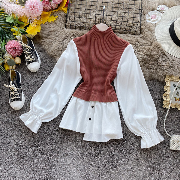 Μοντέρνο γυναικείο πουλόβερ με υψηλό γιακά και μακρύ μανίκι - ασύμμετρο μοτίβο σε καφέ, μαύρο και γκρι χρώμα