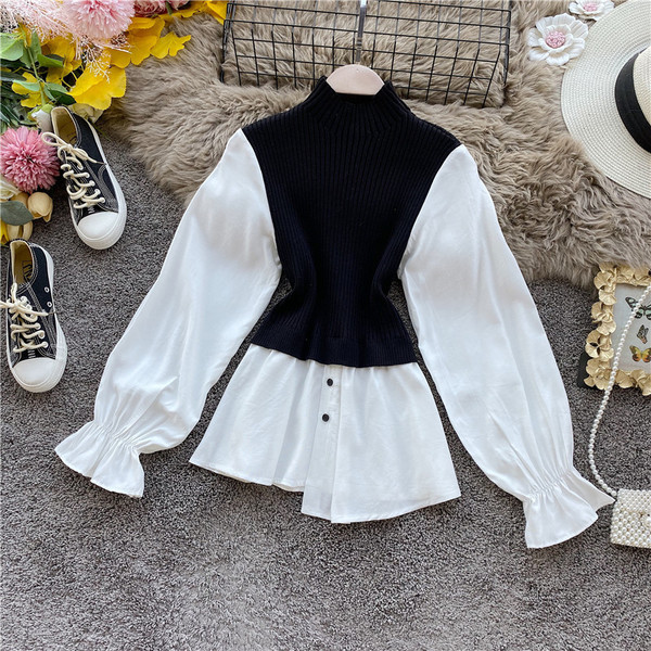 Μοντέρνο γυναικείο πουλόβερ με υψηλό γιακά και μακρύ μανίκι - ασύμμετρο μοτίβο σε καφέ, μαύρο και γκρι χρώμα