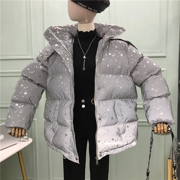 Új modell női téli kabát szürke hópelyhes kapucnival