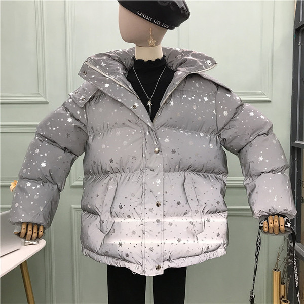 Új modell női téli kabát szürke hópelyhes kapucnival