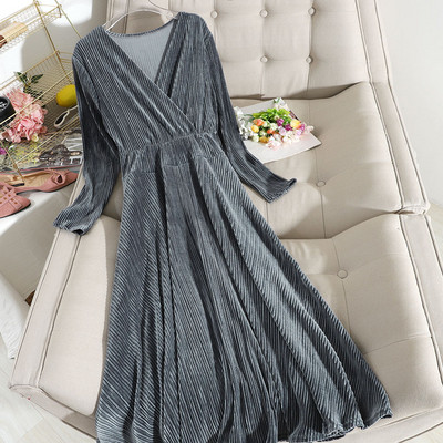 Γυναικείο φόρεμα με  V-neck και  μακρύ μανίκι σε καφέ, μπλε και μαύρο χρώμα