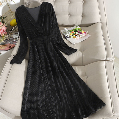 Γυναικείο φόρεμα με  V-neck και  μακρύ μανίκι σε καφέ, μπλε και μαύρο χρώμα