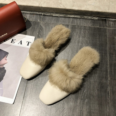 Papuci moderni de dama din piele ecologica cu par ecologic si toc mic, gros, in alb, maro si negru