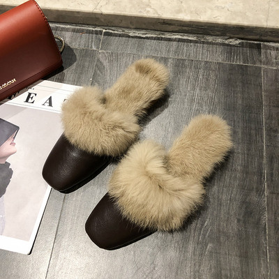 Papuci moderni de dama din piele ecologica cu par ecologic si toc mic, gros, in alb, maro si negru