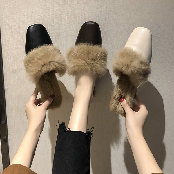 Papuci moderni de dama din piele ecologica cu par ecologic si toc mic, gros, in alb, maro si negru