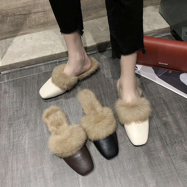 Papuci moderni de dama din piele ecologica cu par ecologic si toc mic, gros, in alb, maro si negru