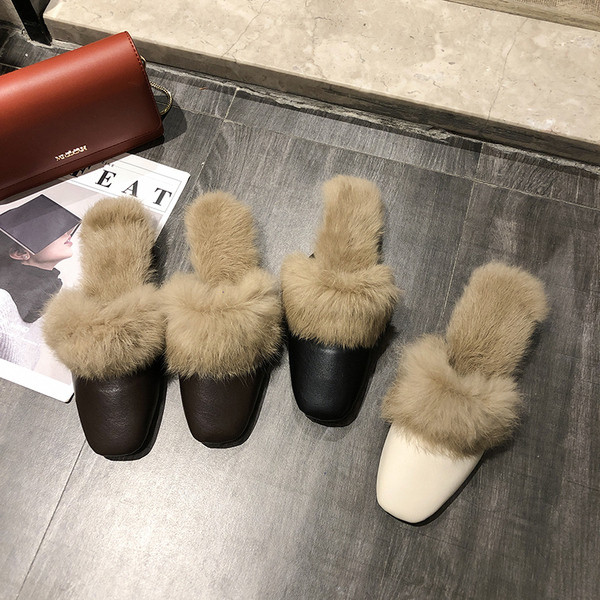 Papuci moderni de dama din piele ecologica cu par ecologic si toc mic, gros, in alb, maro si negru