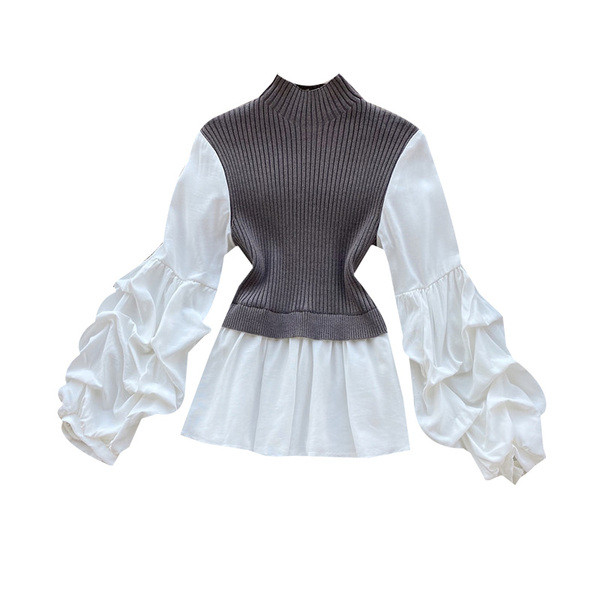 Pulover de damă la modă cu guler înalt și mâneci largi în maro, negru și gri