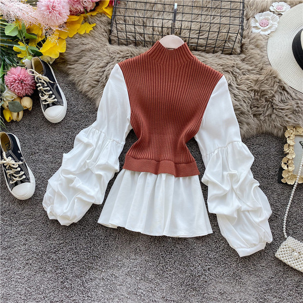 Pulover de damă la modă cu guler înalt și mâneci largi în maro, negru și gri