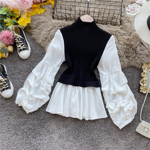 Pulover de damă la modă cu guler înalt și mâneci largi în maro, negru și gri