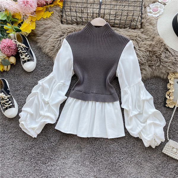 Pulover de damă la modă cu guler înalt și mâneci largi în maro, negru și gri