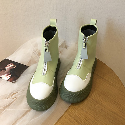 Μοντέρνες φθινοπωρινές / χειμερινές μπότες με φερμουάρ Eco Leather και επίπεδη  σόλα πράσινο και μαύρο χρώμα