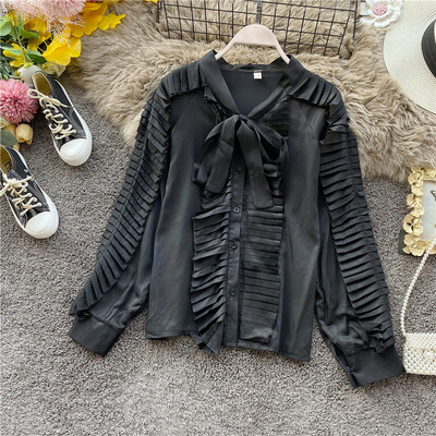 Cămașă modernă de șifon de damă cu mâneci lungi și panglică în roz, alb, negru și verde