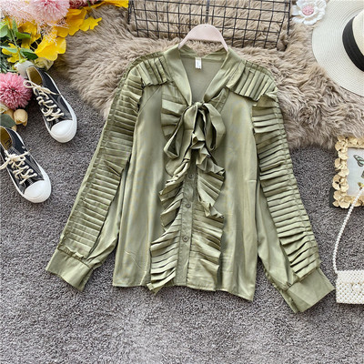 Cămașă modernă de șifon de damă cu mâneci lungi și panglică în roz, alb, negru și verde