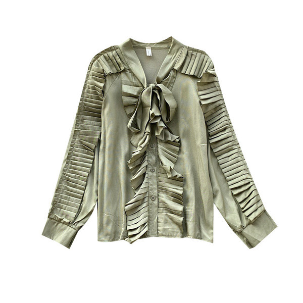 Cămașă modernă de șifon de damă cu mâneci lungi și panglică în roz, alb, negru și verde