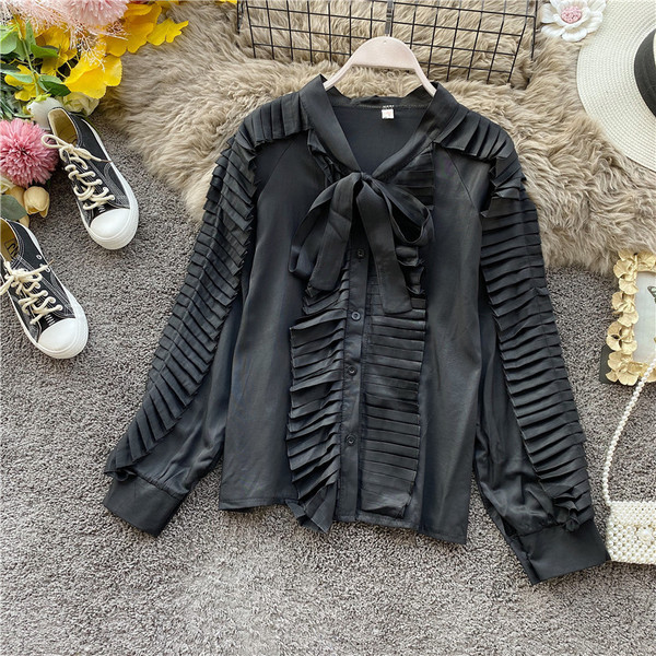 Cămașă modernă de șifon de damă cu mâneci lungi și panglică în roz, alb, negru și verde