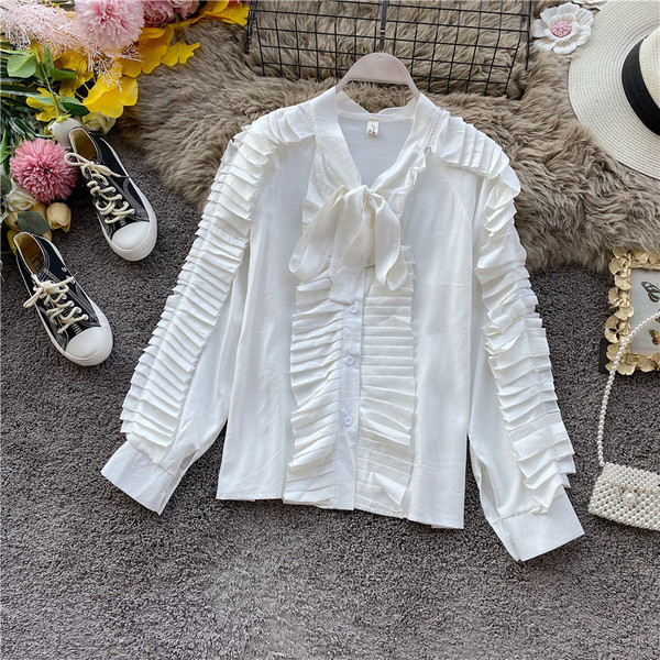 Cămașă modernă de șifon de damă cu mâneci lungi și panglică în roz, alb, negru și verde