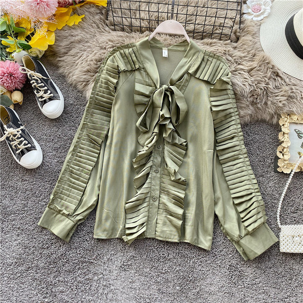 Cămașă modernă de șifon de damă cu mâneci lungi și panglică în roz, alb, negru și verde