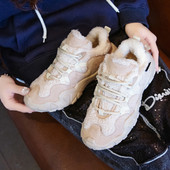 Adidasi moderni de iarna de dama din piele intoarsa ecologica si puf in roz, gri si negru