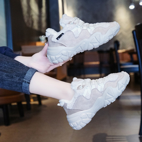 Adidasi moderni de iarna de dama din piele intoarsa ecologica si puf in roz, gri si negru