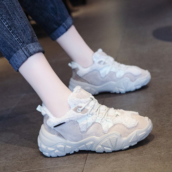 Adidasi moderni de iarna de dama din piele intoarsa ecologica si puf in roz, gri si negru