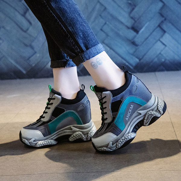 Tenisi casual dama cu platforma si sireturi in negru si gri