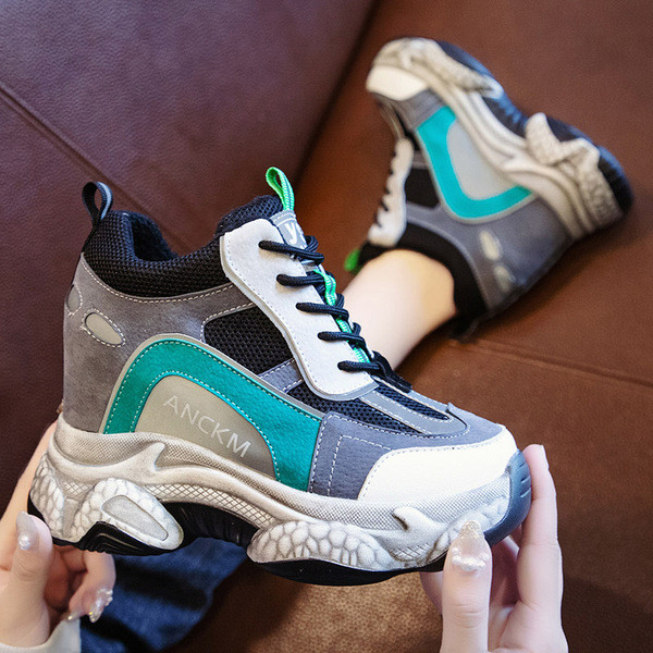 Tenisi casual dama cu platforma si sireturi in negru si gri