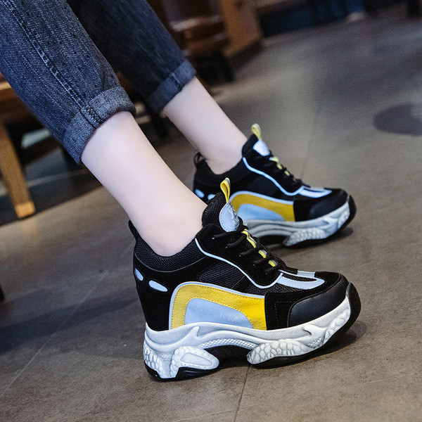 Tenisi casual dama cu platforma si sireturi in negru si gri