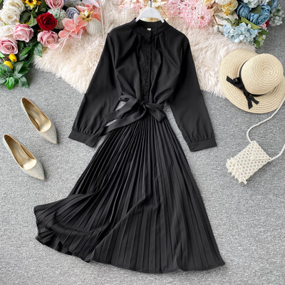 Μοντέρνο γυναικείο πλισέ φόρεμα με κουμπιά και κορδόνια σε διάφορα χρώματα