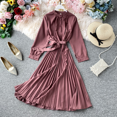 Μοντέρνο γυναικείο πλισέ φόρεμα με κουμπιά και κορδόνια σε διάφορα χρώματα