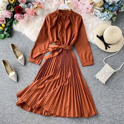 Μοντέρνο γυναικείο πλισέ φόρεμα με κουμπιά και κορδόνια σε διάφορα χρώματα